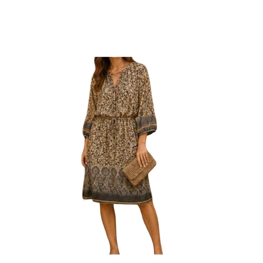 Johnny Was Silk Dress Size M Beige Gray Abstract Split Neckline Relaxed Boho